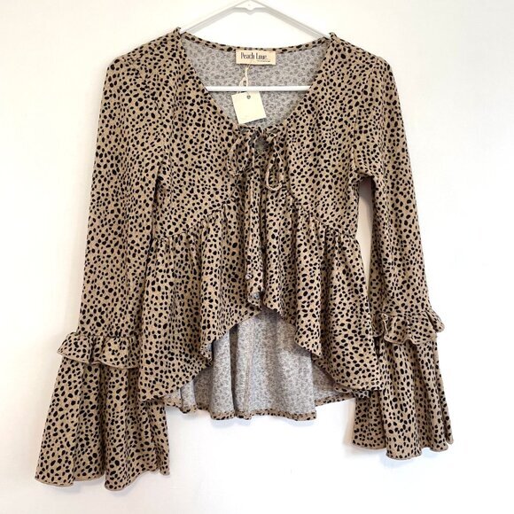NEW NWT PEACH LOVE CALIFORNIA Tan Brown Black Dotted Long Bell Sleeve Blouse S - Picture 2 of 14